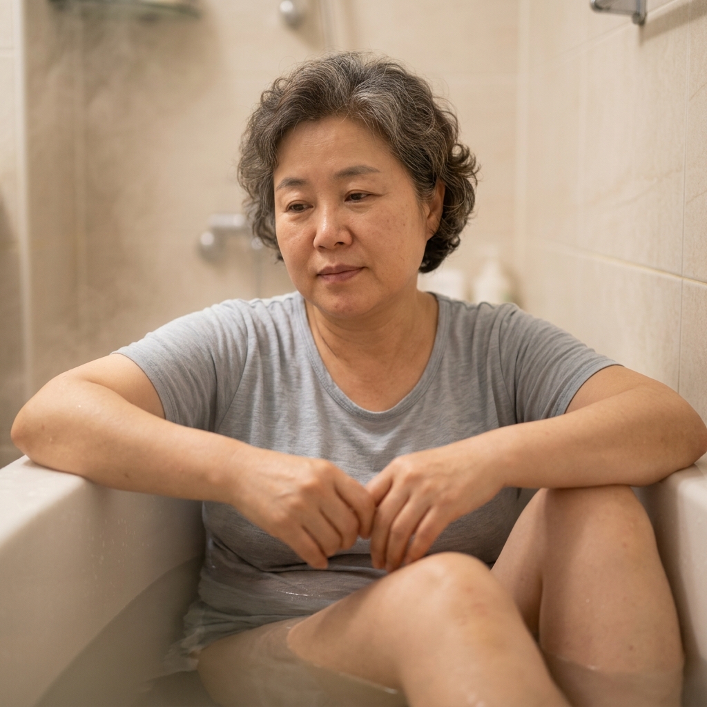 욕조에 배꼽 높이까지만 미지근한 물을 받아 앉아 있는 중년 한국인의 모습, 상체는 물 밖에 노출되어 있고 욕실은 따뜻하고 안정적인 조명