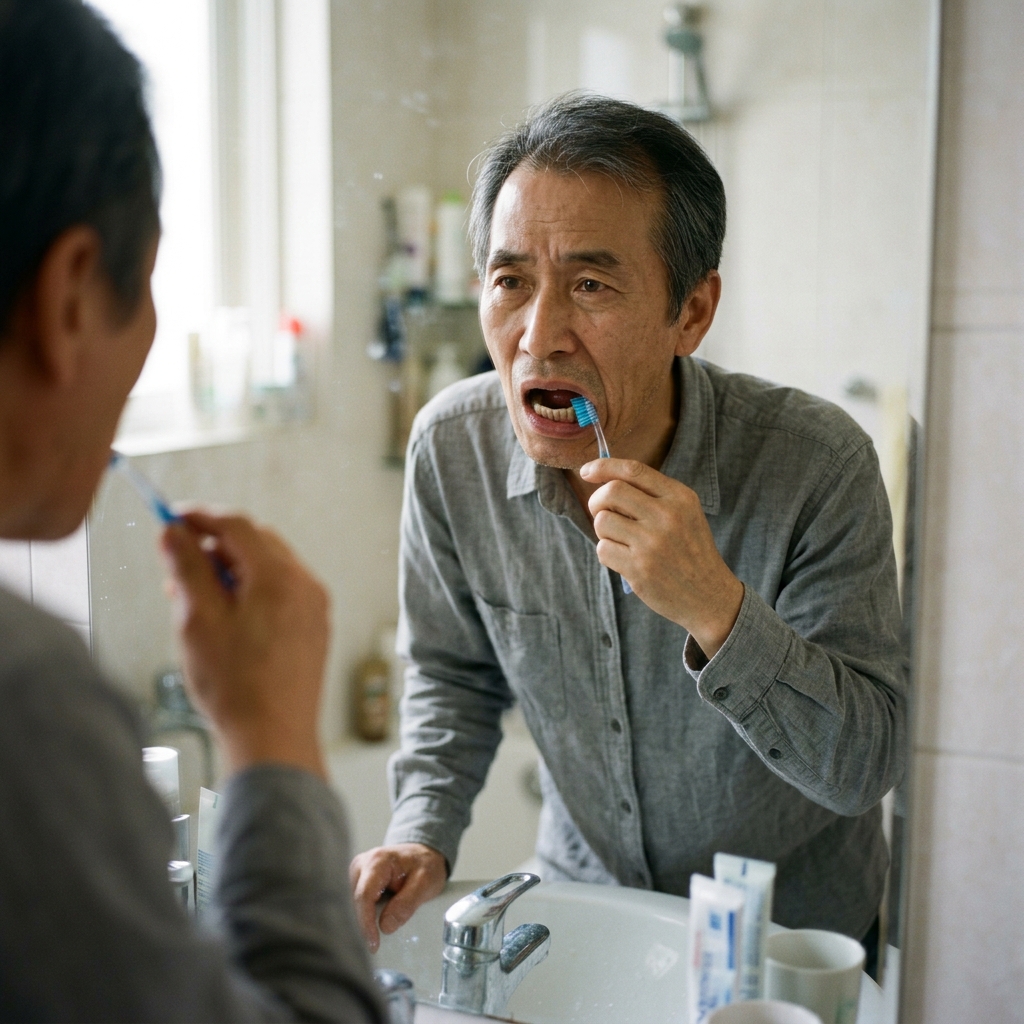 거울 앞에서 칫솔을 들고 입을 벌린 채 불편한 표정으로 턱을 아래로 당기고 있는 60대 중반 남성, 얇은 회색 셔츠 착용, 아침 세면대 장면