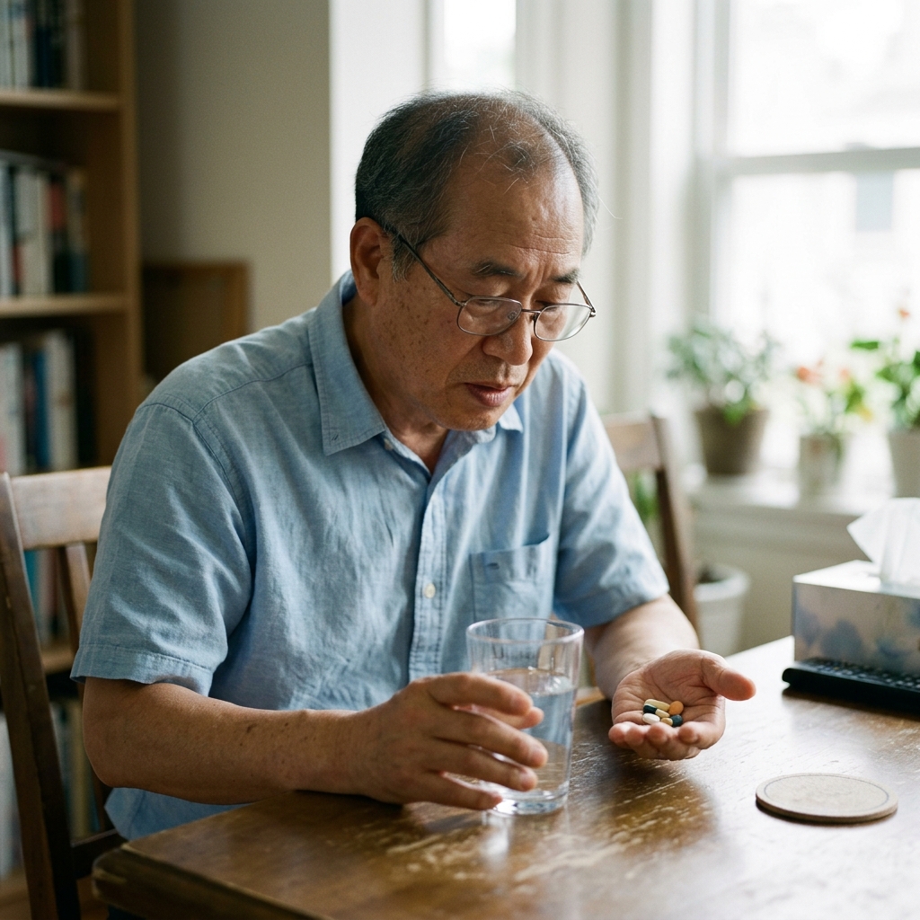 거실 테이블에서 물 한 잔과 여러 알의 알약을 앞에 두고 약을 삼키려는 70대 한국인 중년 남성, 얇은 셔츠 차림