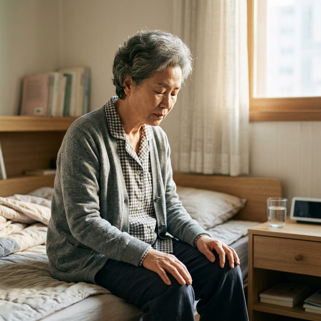 침대 가장자리에 걸터앉아 호흡을 고르는 70대 한국인 시니어 여성, 아침 햇살이 들어오는 침실 배경