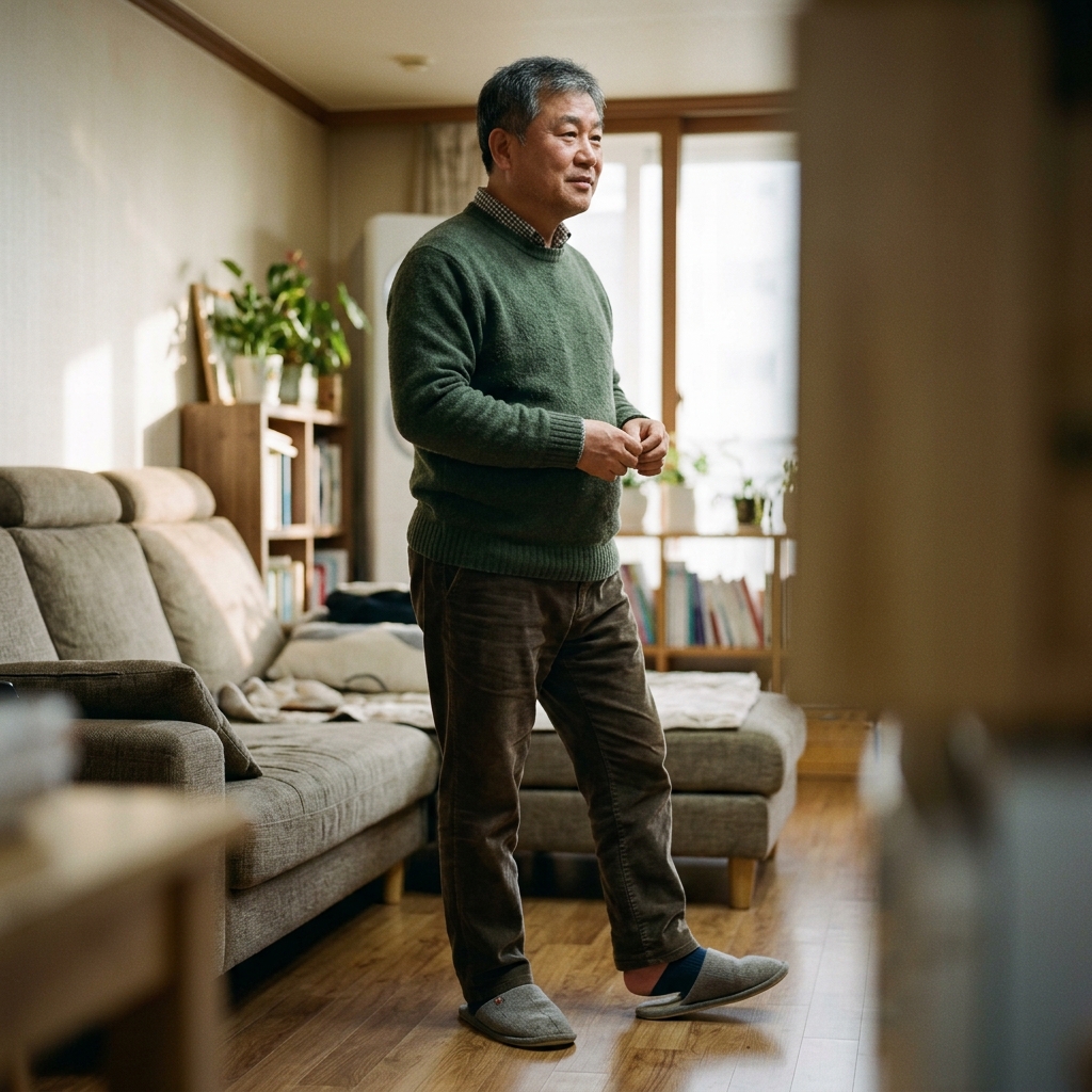 거실에서 슬리퍼를 신고 서 있는 중장년 남성, 뒤꿈치가 슬리퍼 밖으로 살짝 벗겨진 모습