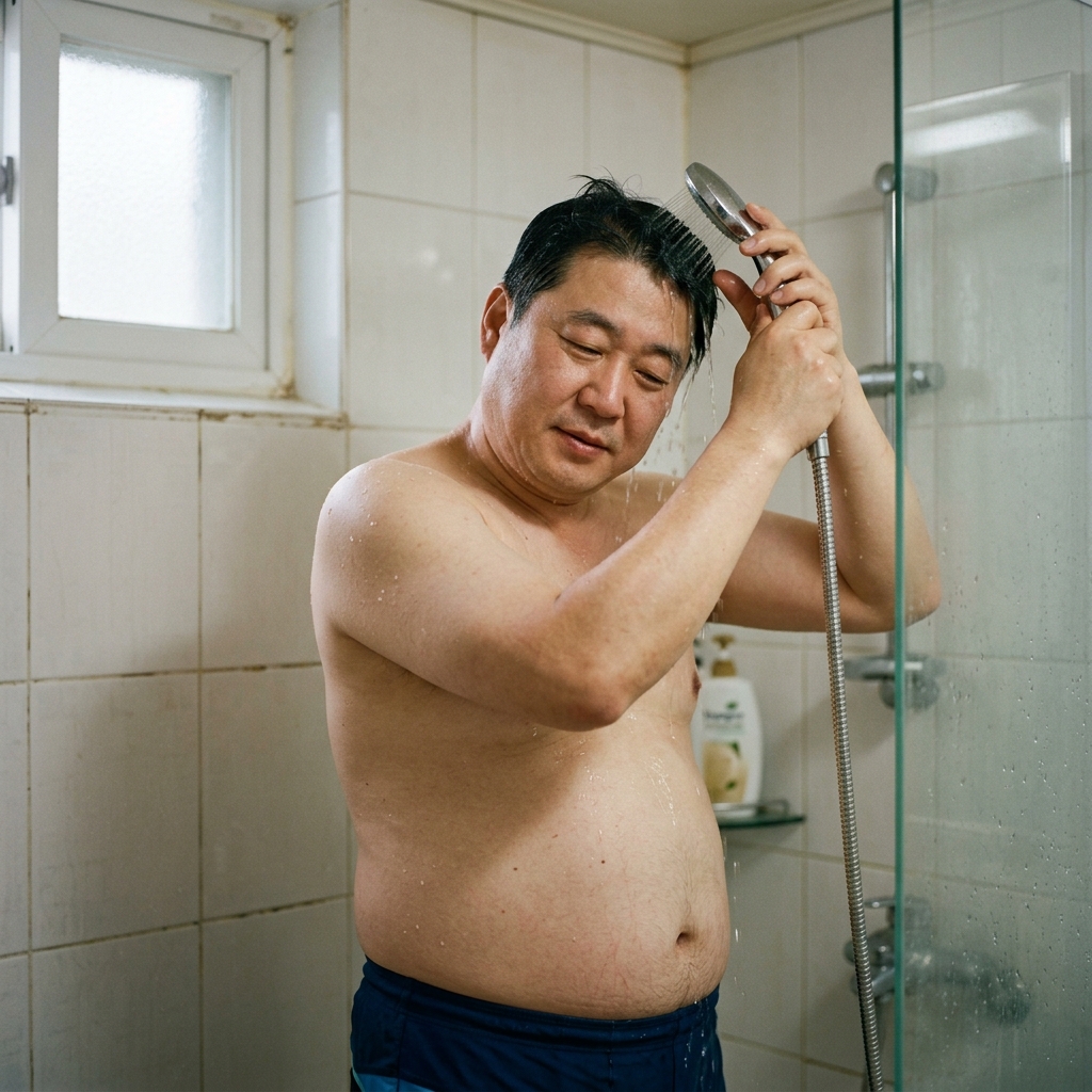 욕실에서 미지근한 물로 짧게 샤워하는 모습, 부드러운 조명, 자연스러운 실내 환경