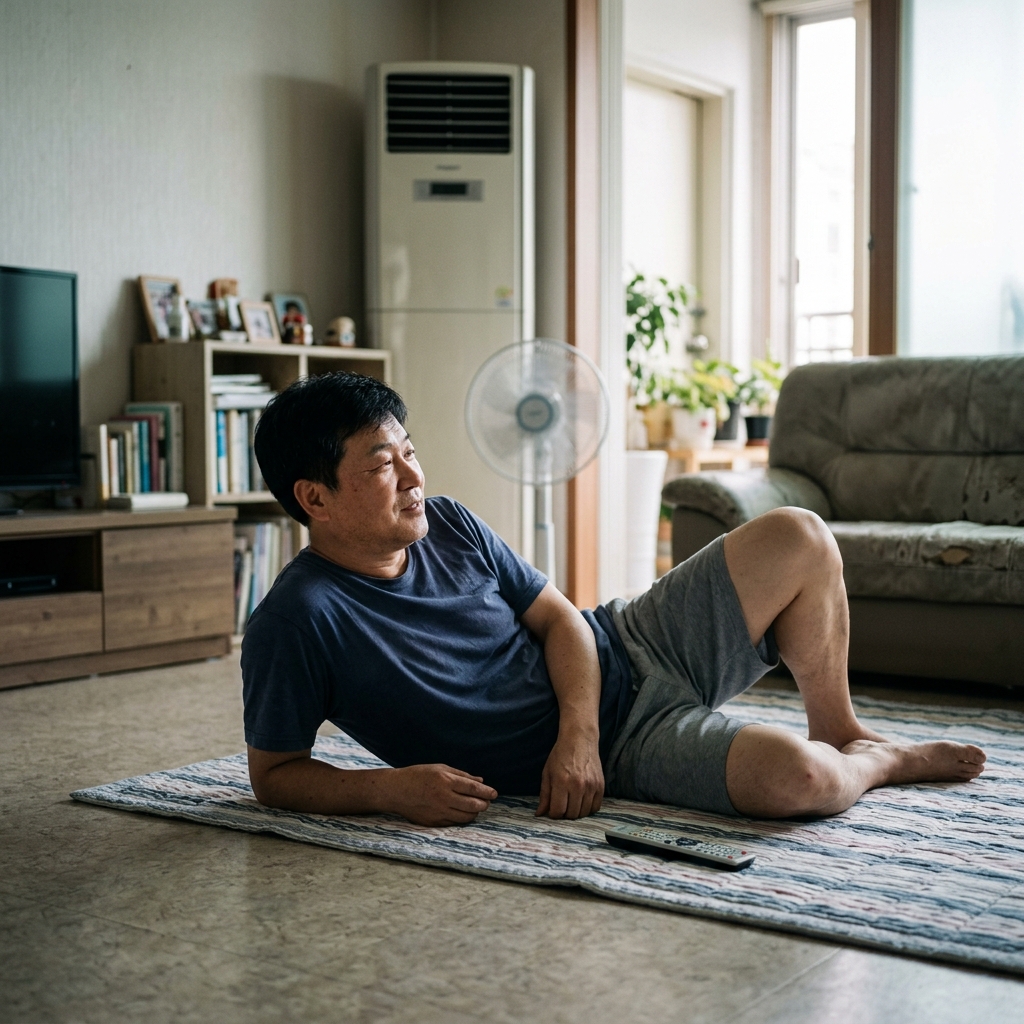 거실 바닥에 누워 쉬는 중년 남성, 에어컨 바람이 가라앉은 실내 배경