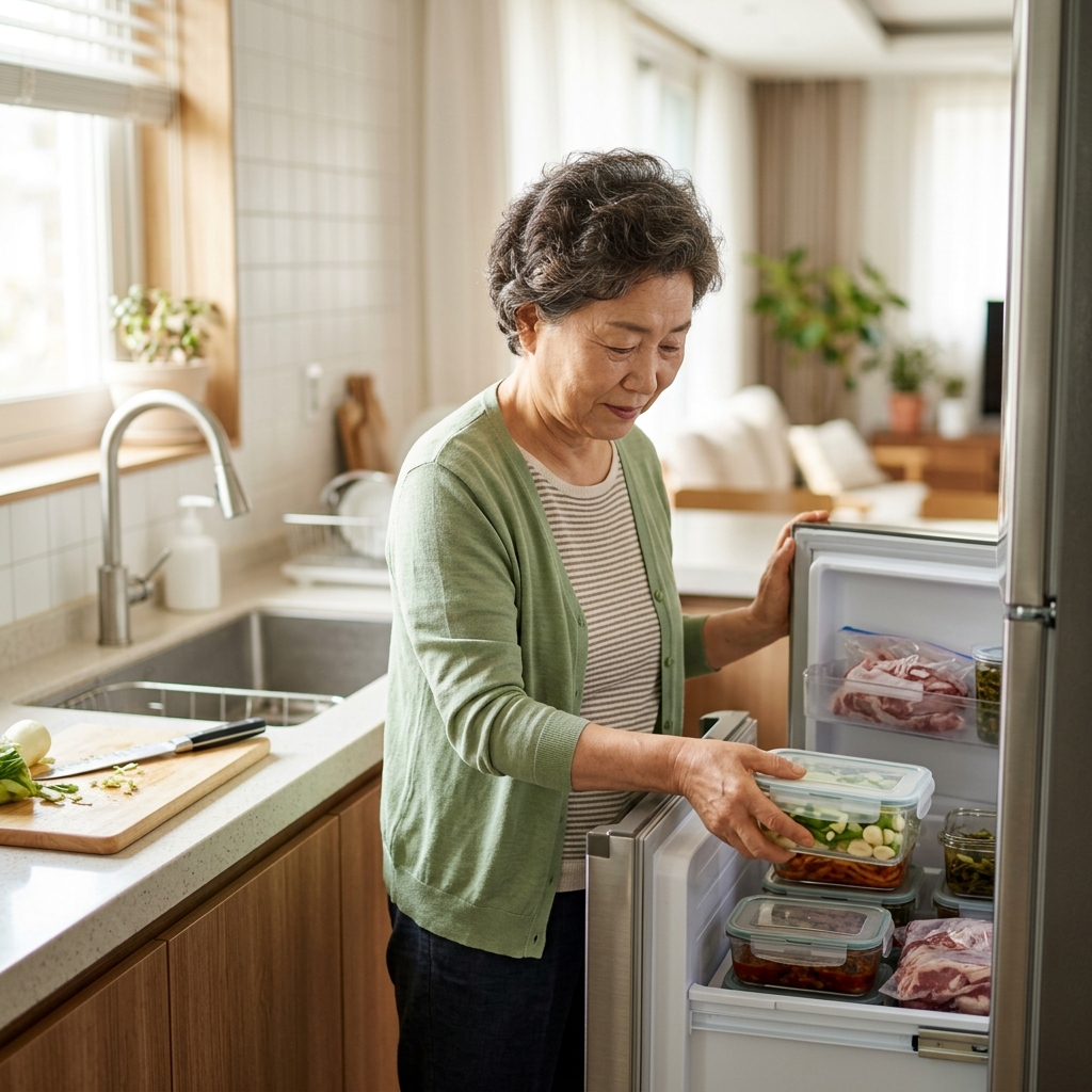 밝은 주방에서 얇은 면 카디건을 입은 70대 여성이 싱크대 앞에 서서 채소와 육류를 담은 밀폐 용기를 냉장고에 넣고 있는 모습