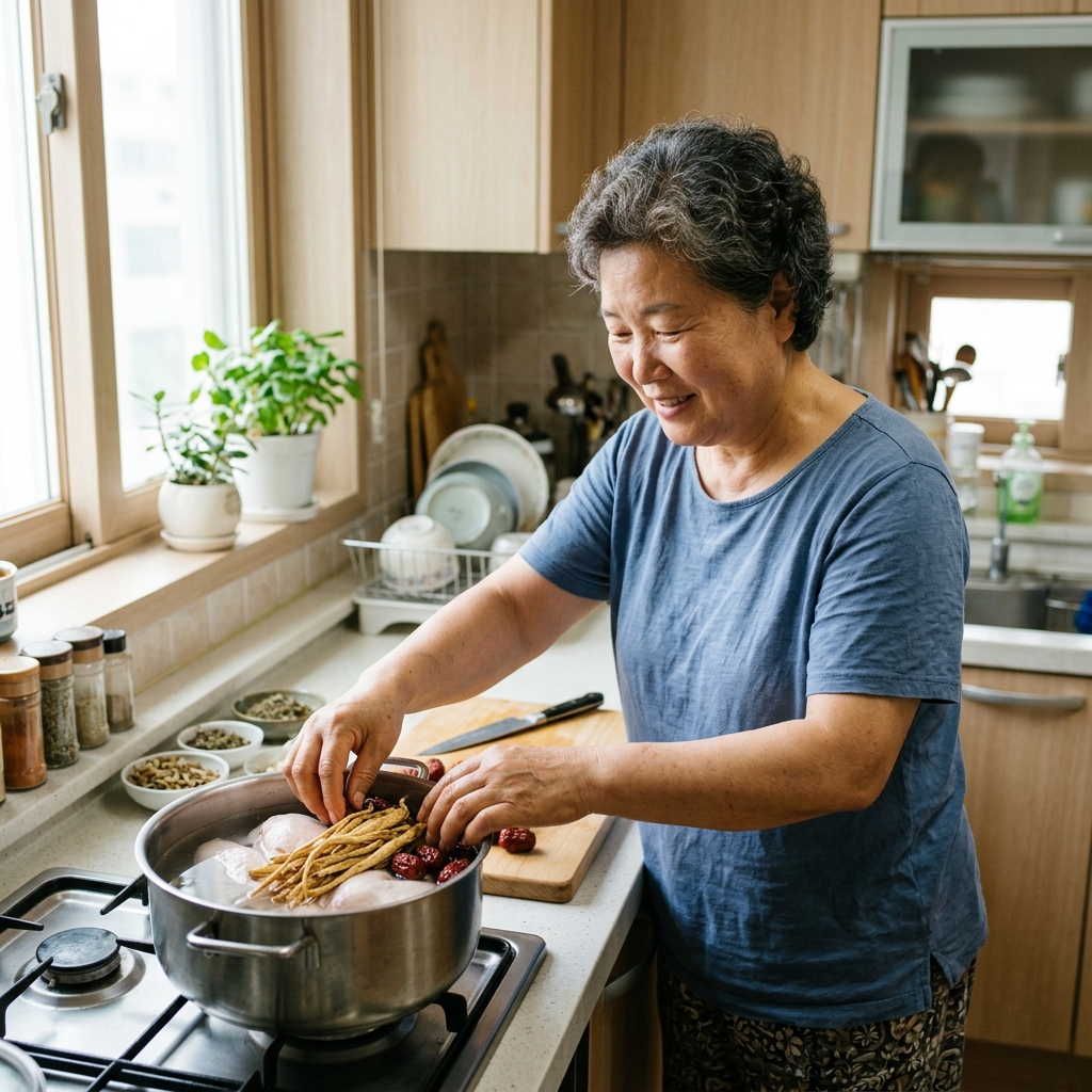 밝은 주방에서 얇은 반팔 셔츠를 입은 60대 중반 한국인 여성이 냄비 앞에서 닭가슴살과 황기, 대추를 준비하며 조리 중인 모습