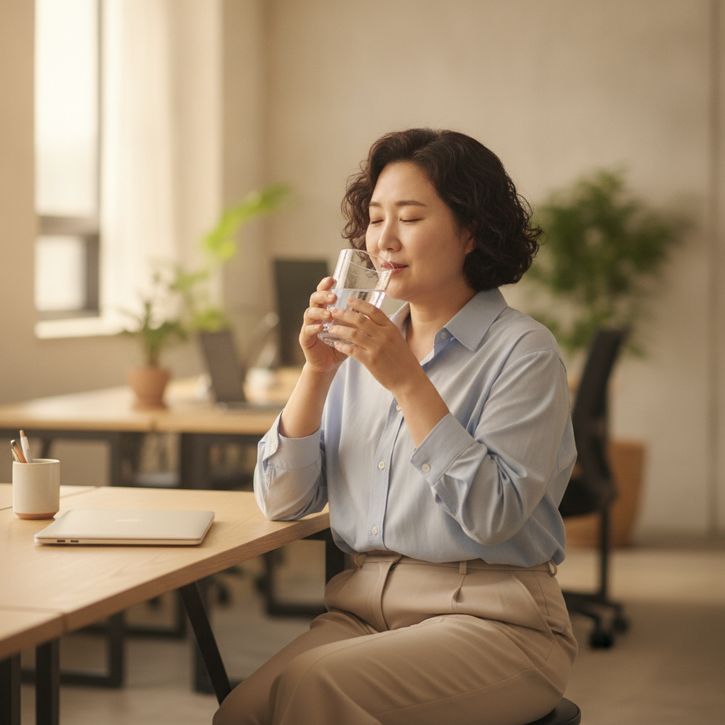 한국인 직장인 여성이 사무실 책상에서 물을 마시며 잠시 휴식하는 장면