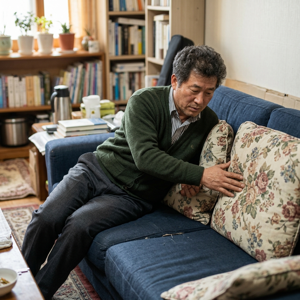 쿠션 두께를 확인하며 소파에 누운 자세를 조정하는 모습