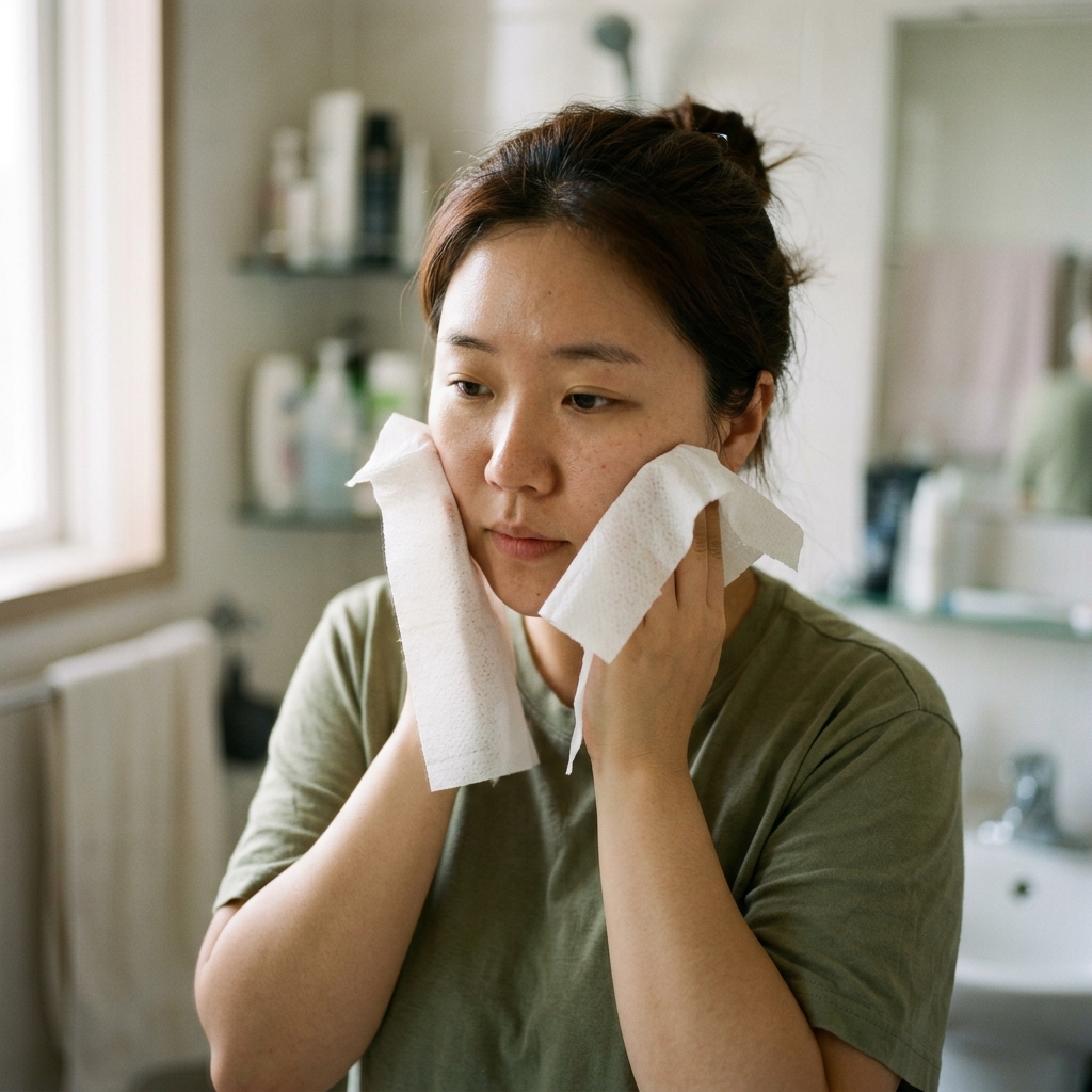 세안 후 일회용 페이스타월로 얼굴을 톡톡 두드리는 장면