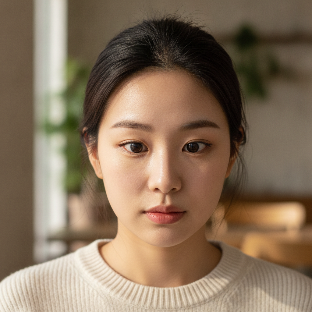 밝은 표정으로 웃는 동그란 눈의 젊은 여성