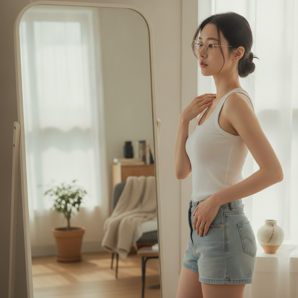 거울 앞에서 체형을 확인하는 사람