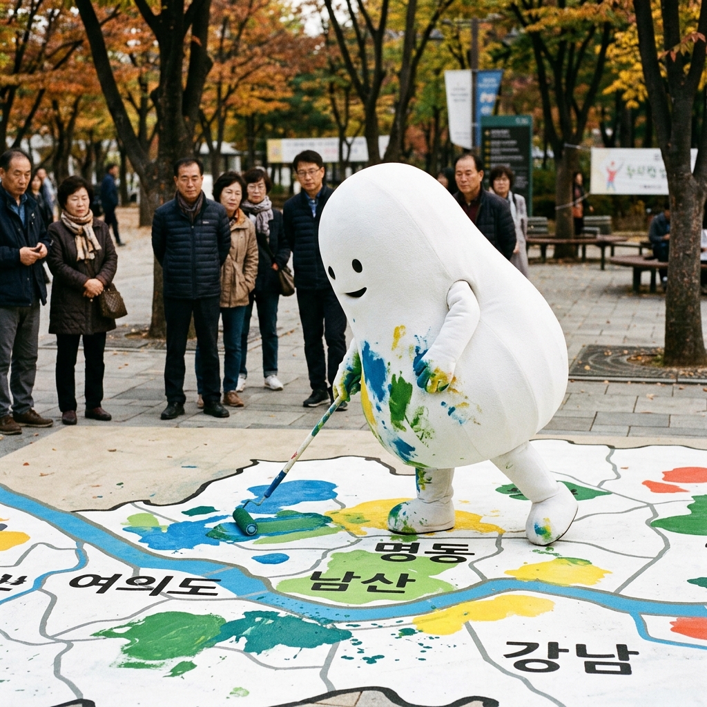 흰색 블롭 캐릭터가 맵 안에서 색을 칠하며 주변 배경에 위장하는 장면