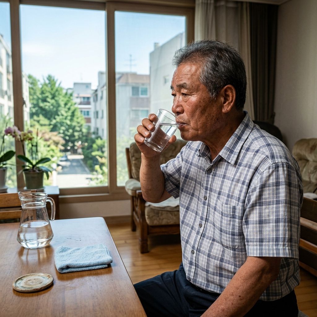 70대 어르신이 밝은 실내에서 투명한 컵에 담긴 물을 마시며 창밖을 바라보는 모습, 햇살이 창문을 통해 들어오고 탁자 위에 물병과 작은 수건이 놓여 있음, 편안한 여름 실내복 차림
