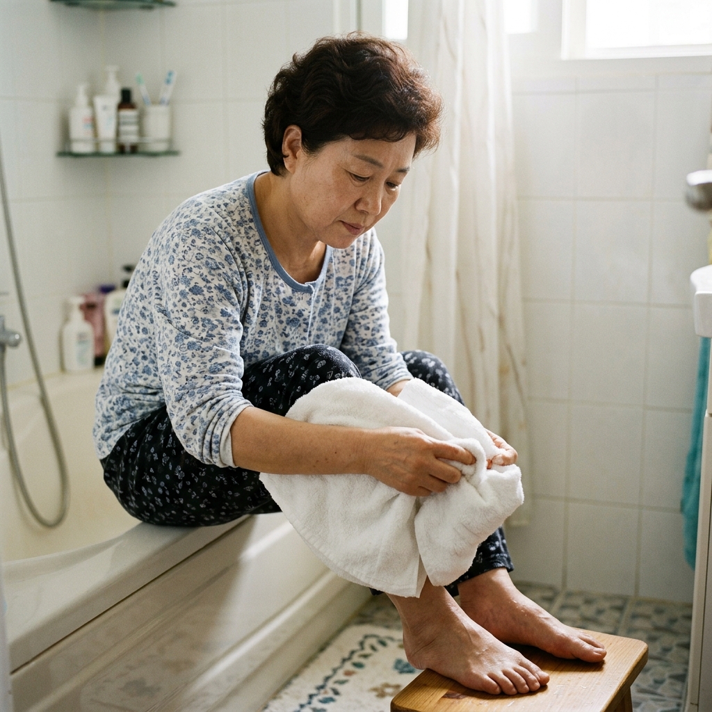 발가락 사이를 수건으로 닦는 장면, 실내 조명, 청결한 느낌