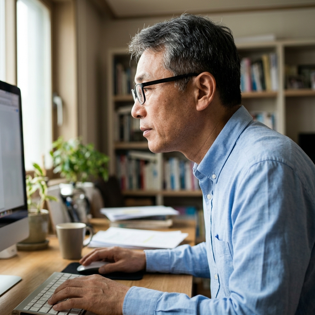 책상 앞에서 고개를 앞으로 내민 채 컴퓨터를 보고 있는 중년 남성의 옆모습, 얇은 셔츠 차림, 실내 자연광
