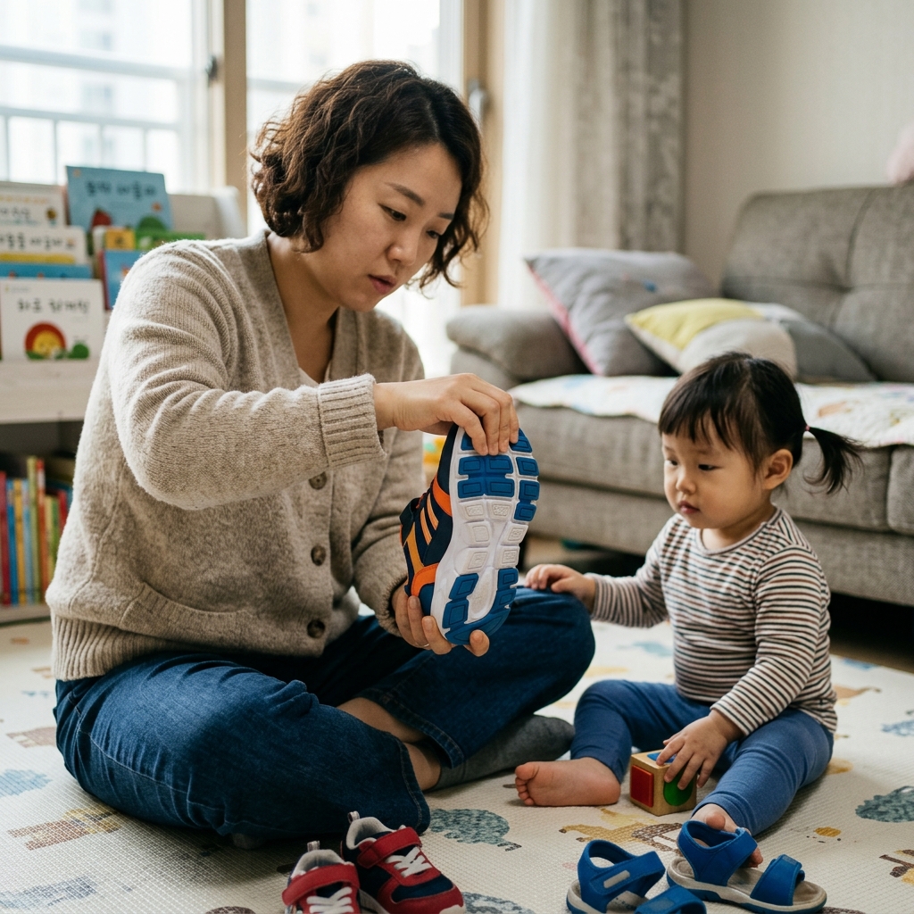한 손으로 아동 운동화를 접어 밑창이 구부러지는 위치를 확인하는 실내 장면