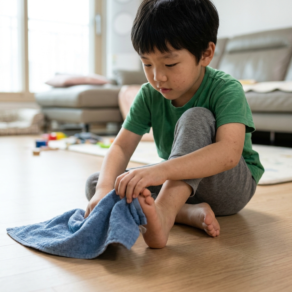 바닥에 앉아 발가락으로 수건을 집어 올리는 아동의 발과 수건 모습