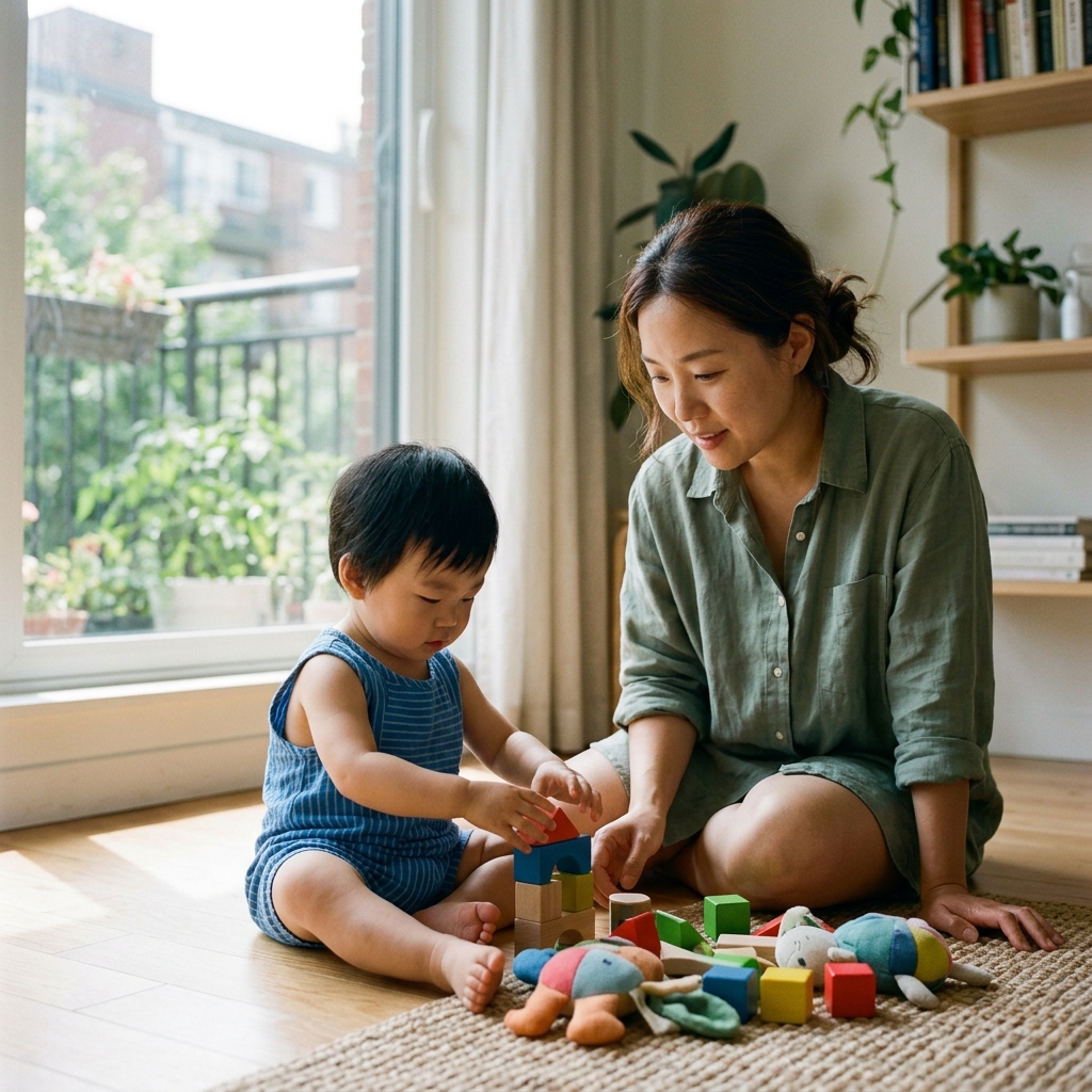 거실 바닥에 앉아 장난감을 만지는 영유아와 곁에서 지켜보는 엄마, 창문 밖으로 자연광이 들어오는 실내 공간
