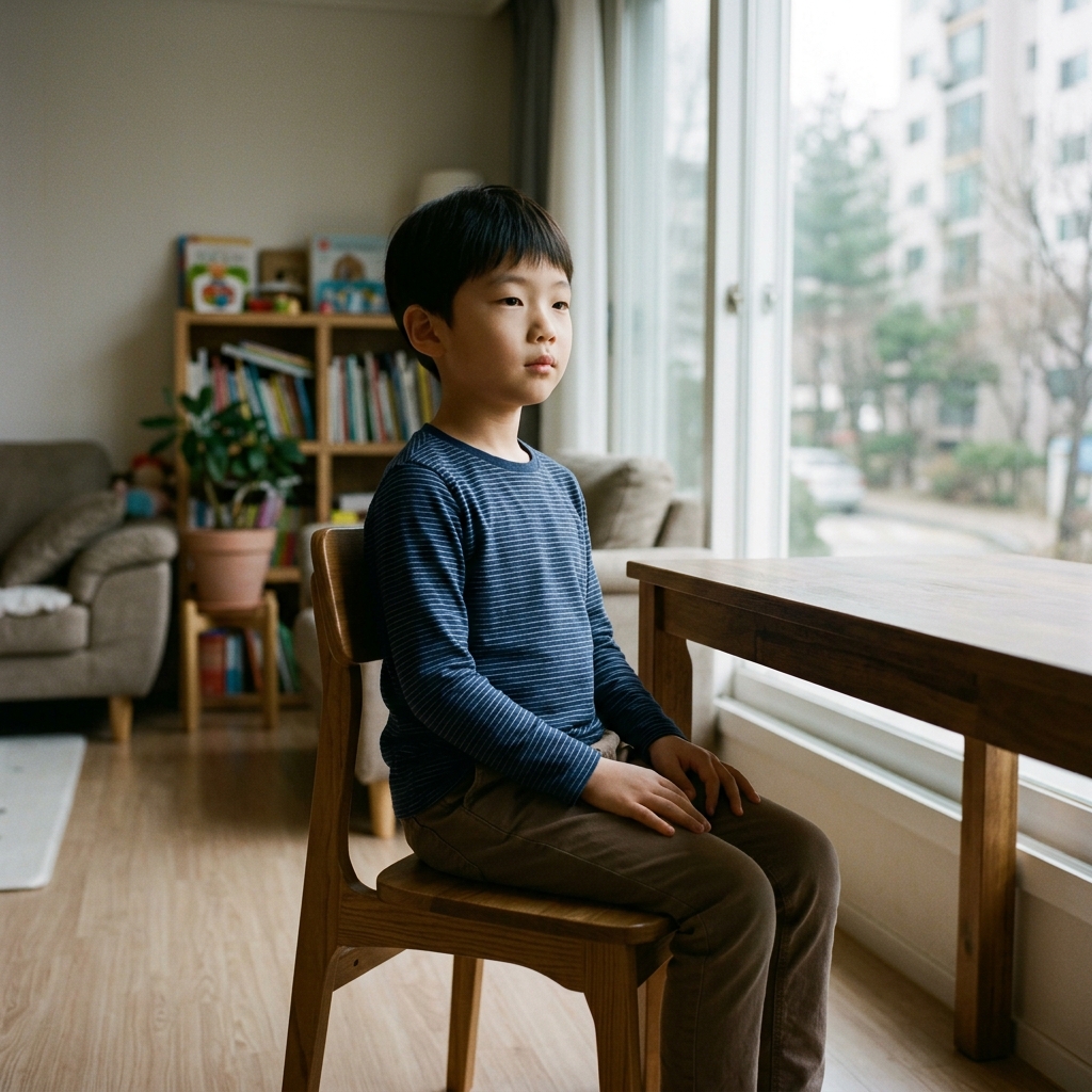 아이가 실내에서 입을 다물고 바른 자세로 앉아 있는 모습, 창밖으로 부드러운 자연광