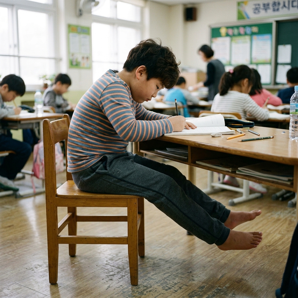 초등학생이 발이 바닥에 닿지 않는 높은 의자에 앉아 무릎이 굽혀지지 않고 다리가 허공에 떠 있는 모습, 허리가 구부러져 있는 실내 책상 환경