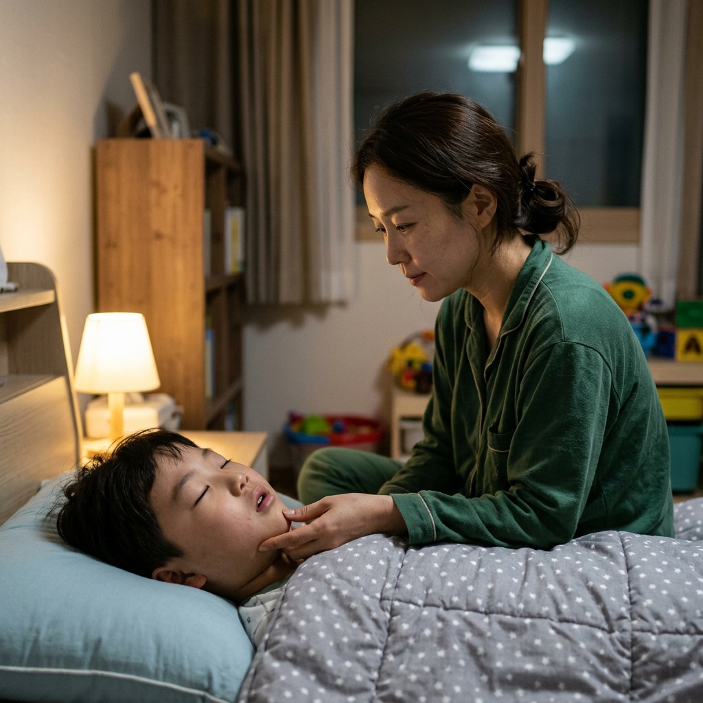 침대에서 잠든 7세 남자아이의 얼굴을 살피며 턱 부위를 가만히 관찰하는 엄마의 모습, 침실 조명은 약하고 따뜻하며 아이의 얼굴은 편안해 보임