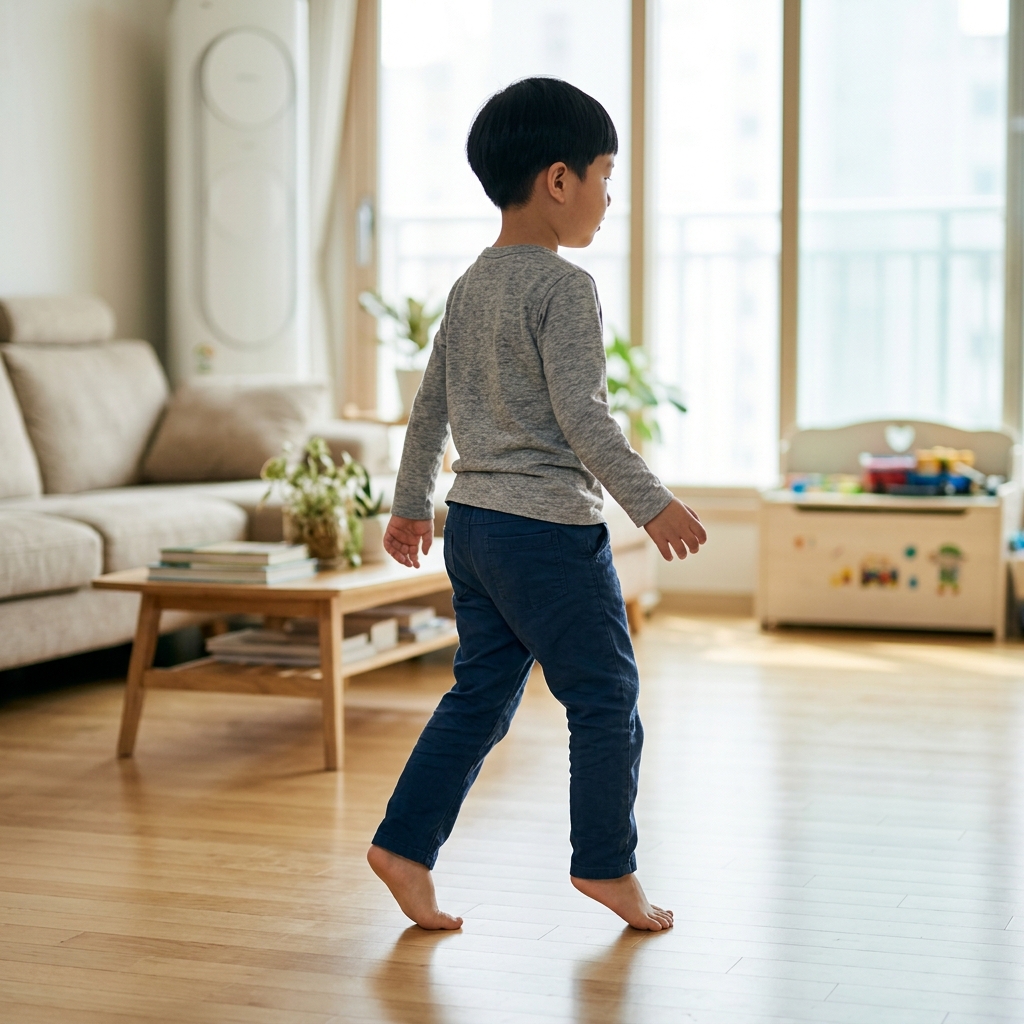 밝은 거실에서 까치발을 들고 걷는 5세 남자아이의 모습, 뒤꿈치가 바닥에 닿지 않은 채 앞으로 걸어가는 장면