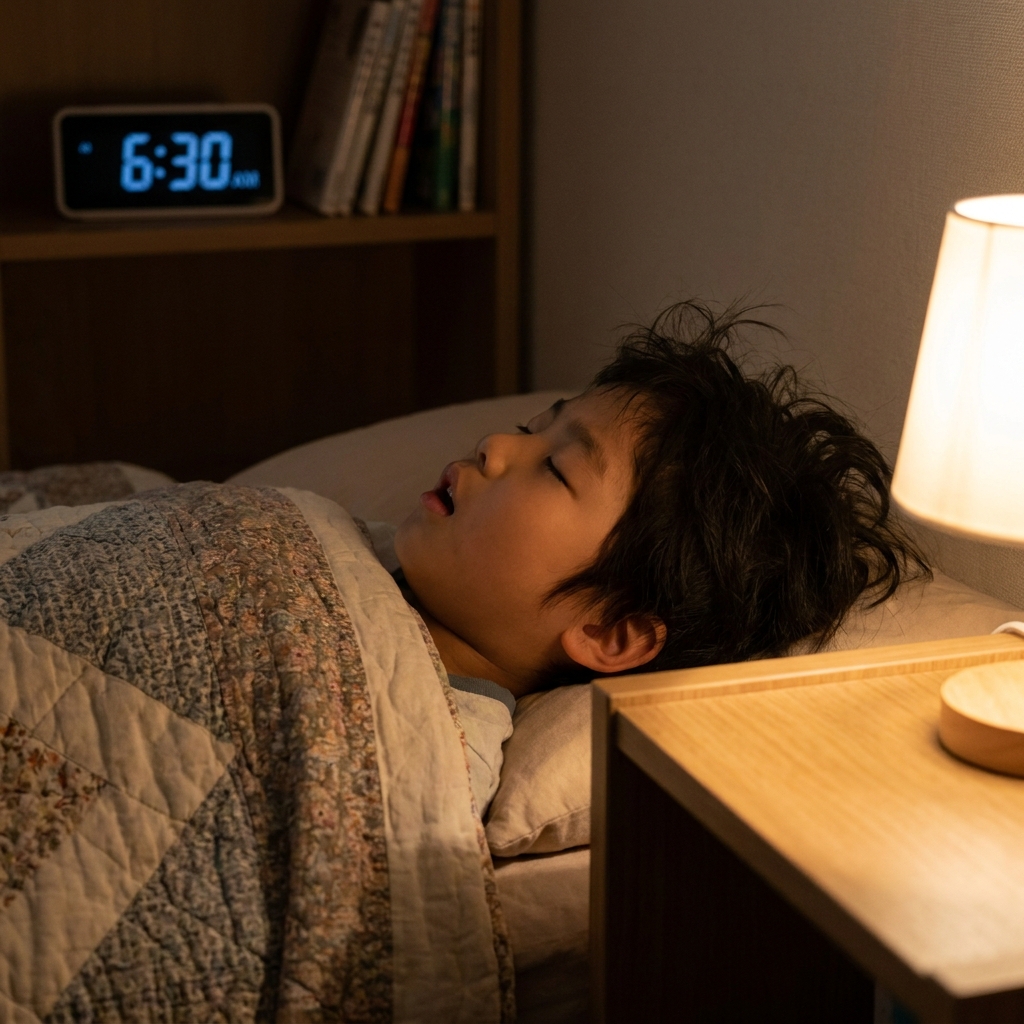 침대에서 입을 벌리고 누워 자는 초등학생 아이의 옆모습, 얕은 수면 상태를 보여주는 실내 야간 조명