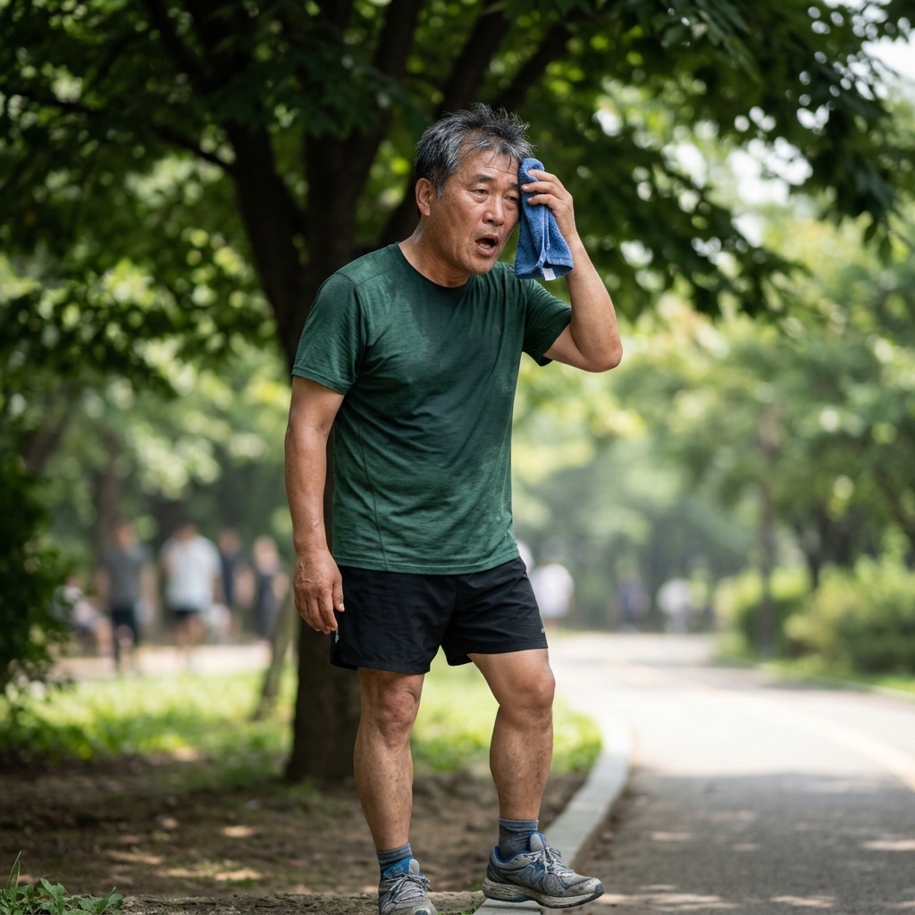여름 야외 러닝 후 그늘에서 서서 땀을 닦는 한국인 중년 남성, 끈적한 공기 속 숨이 가쁜 모습