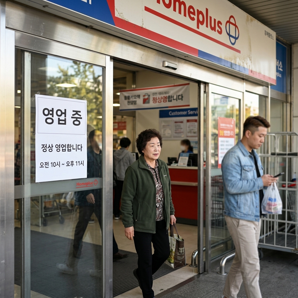 홈플러스 점포 입구에 영업 중 안내문이 붙어 있는 장면
