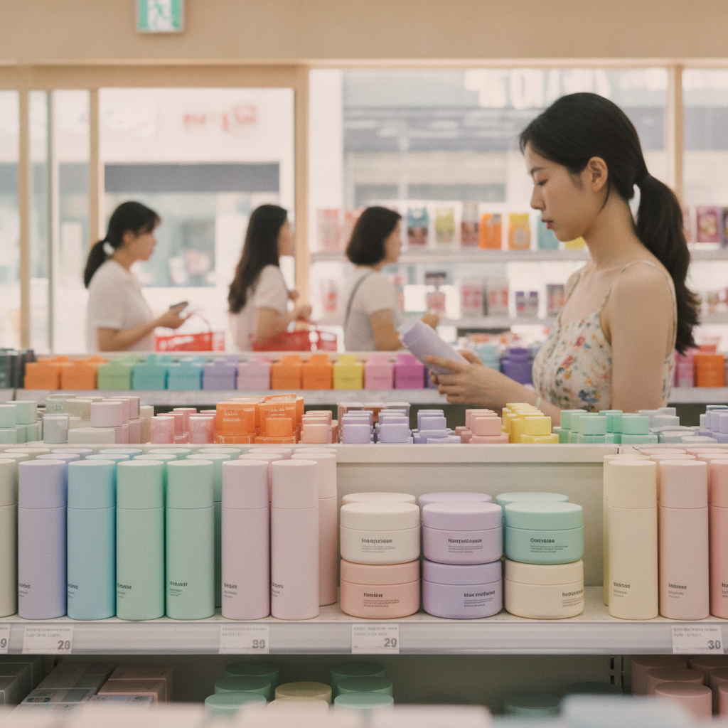 다이소 매장 진열대에 놓인 다양한 색상의 플라스틱 용기 화장품들, 간결한 디자인의 토너와 크림 제품이 나란히 정렬된 모습
