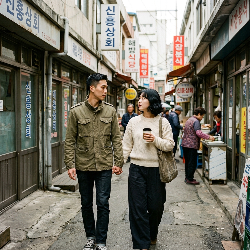 해방촌 신흥시장 골목길을 걷는 커플의 모습