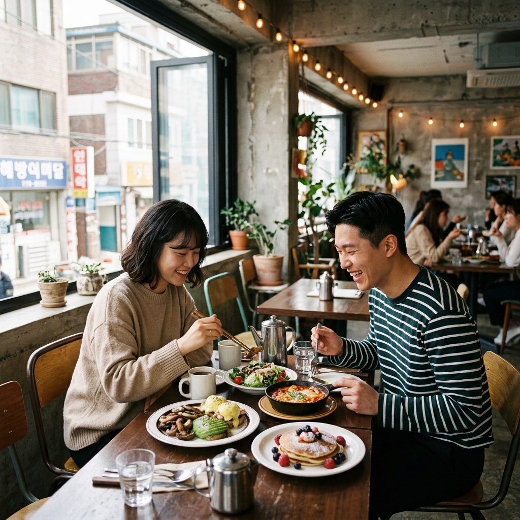 해방촌 브런치 카페 내부에서 음식을 즐기는 커플