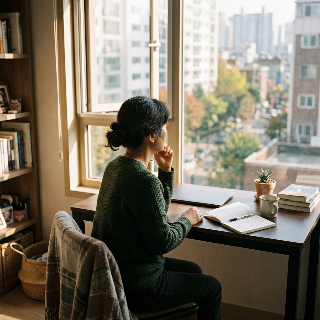 창밖으로 햇살이 들어오는 방 안, 책상 앞에 앉아 생각에 잠긴 사람의 뒷모습