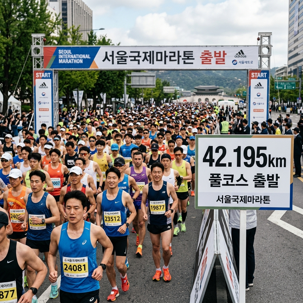 현대 마라톤 대회 출발선과 42.195km 표지판