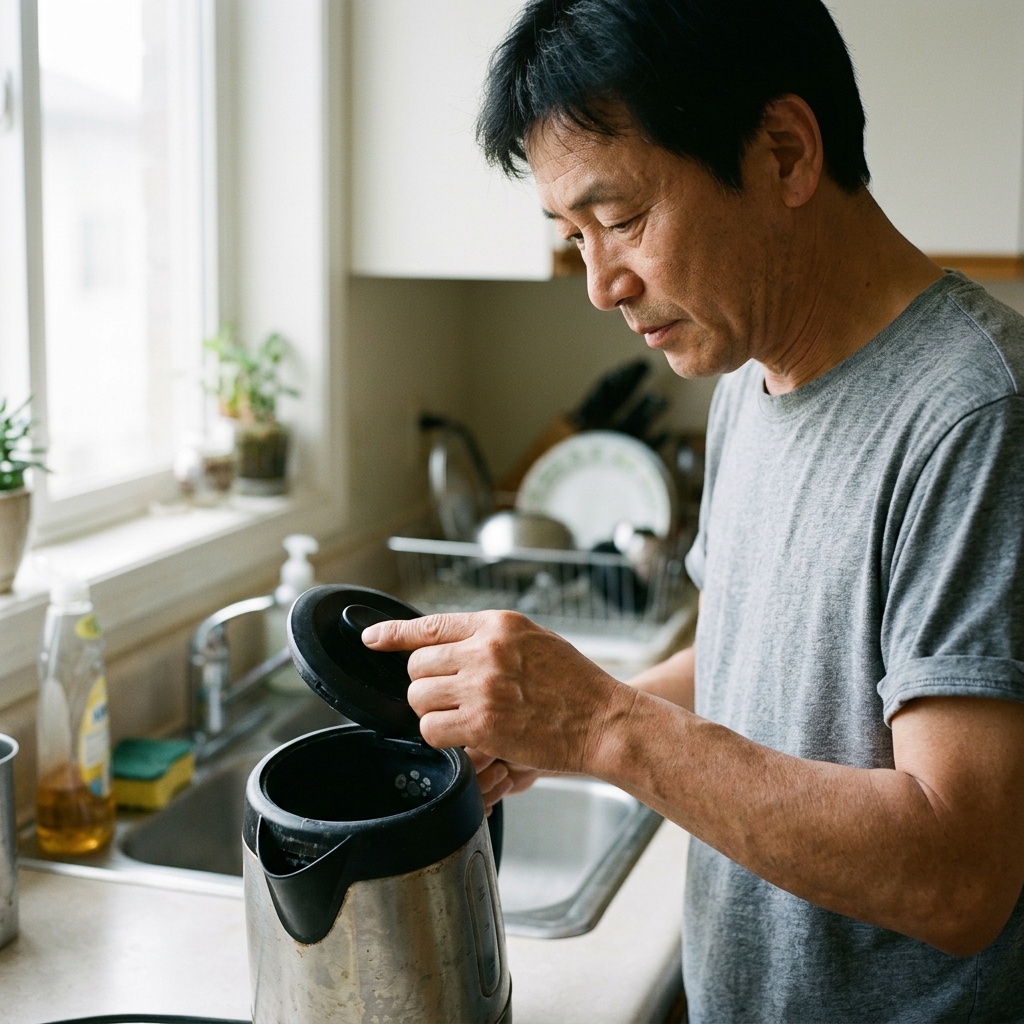 커피포트 뚜껑을 열어 내부를 들여다보는 손, 포트 안쪽에 물때가 살짝 보이는 장면