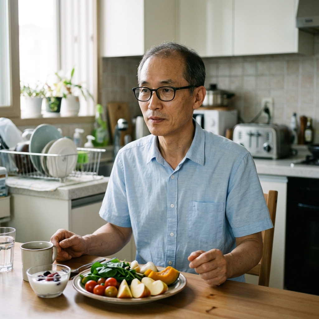 월요일 아침 식탁에서 채소와 과일이 담긴 아침 식사를 앞에 둔 중년 남성의 모습, 얇은 셔츠 차림, 밝은 실내 조명