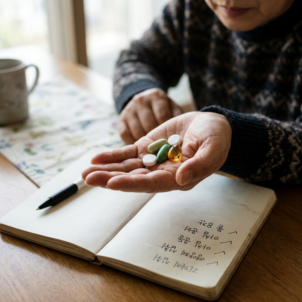 손바닥 위에 놓인 여러 알약과 영양제, 옆에 체크리스트와 펜이 있는 모습