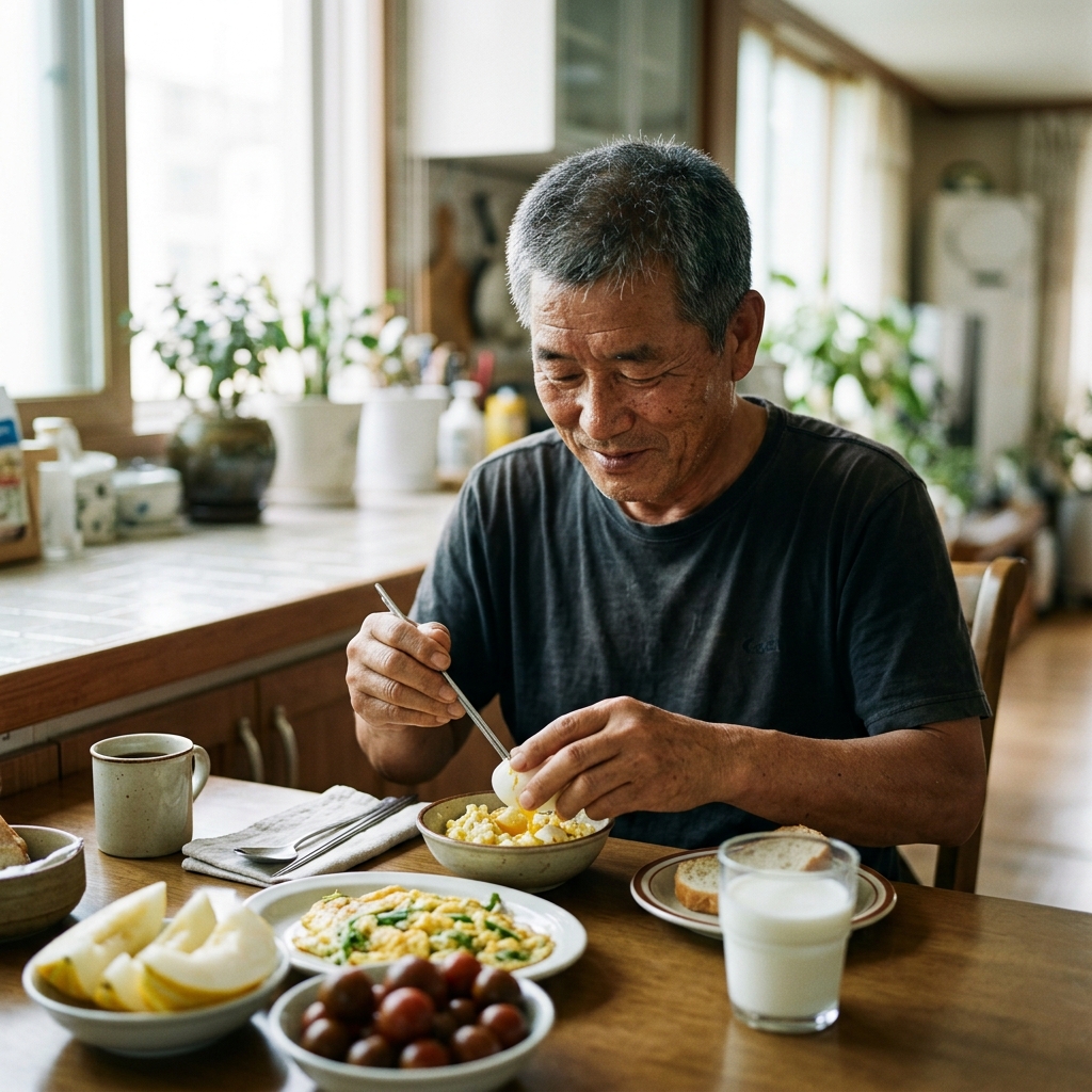 식탁 위에 놓인 달걀 요리, 과일, 우유가 담긴 아침 식사 세팅, 밝은 자연광