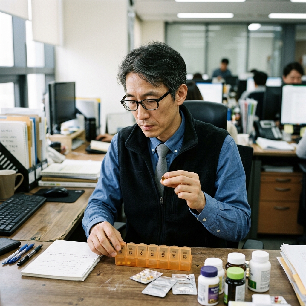 40대 직장인이 월요일 아침 책상 앞에서 영양제 통을 펼쳐놓고 복용 시간을 확인하는 장면
