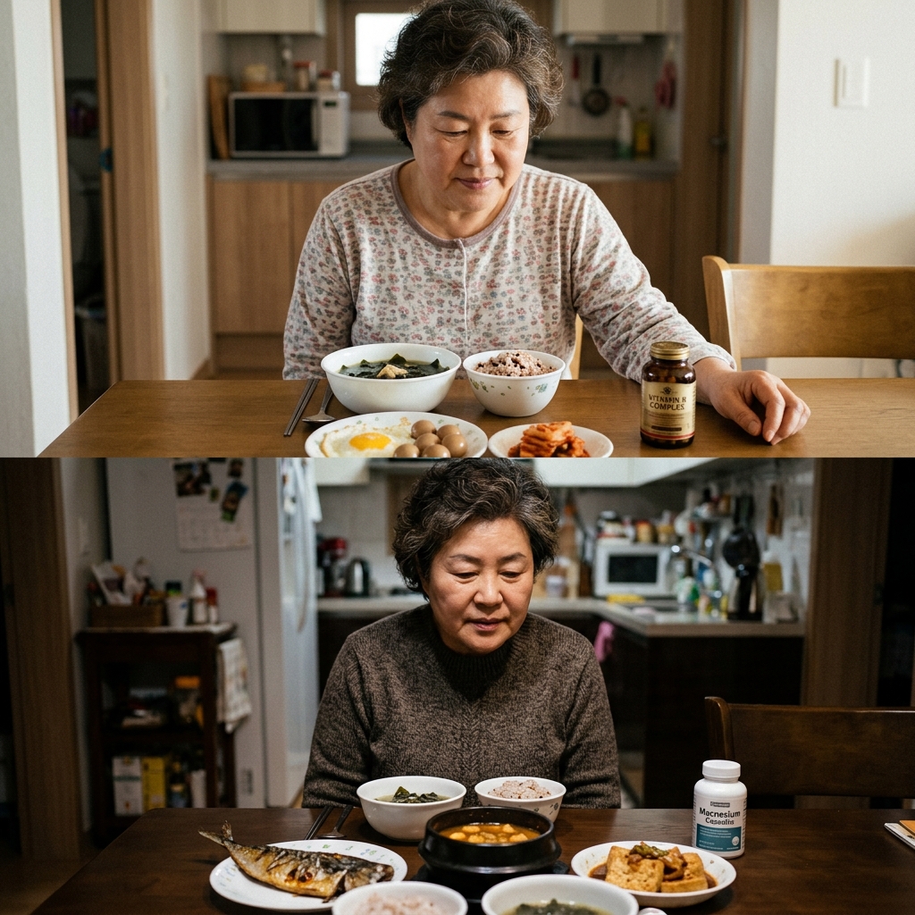 식탁 위에 아침 식사와 함께 비타민 B군 영양제가 놓여 있고, 저녁 테이블에는 마그네슘 영양제가 따로 준비된 모습