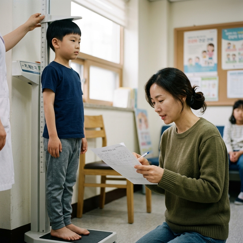 키 재는 자 앞에 서 있는 초등학생 아이와 기록지를 들고 있는 부모의 모습