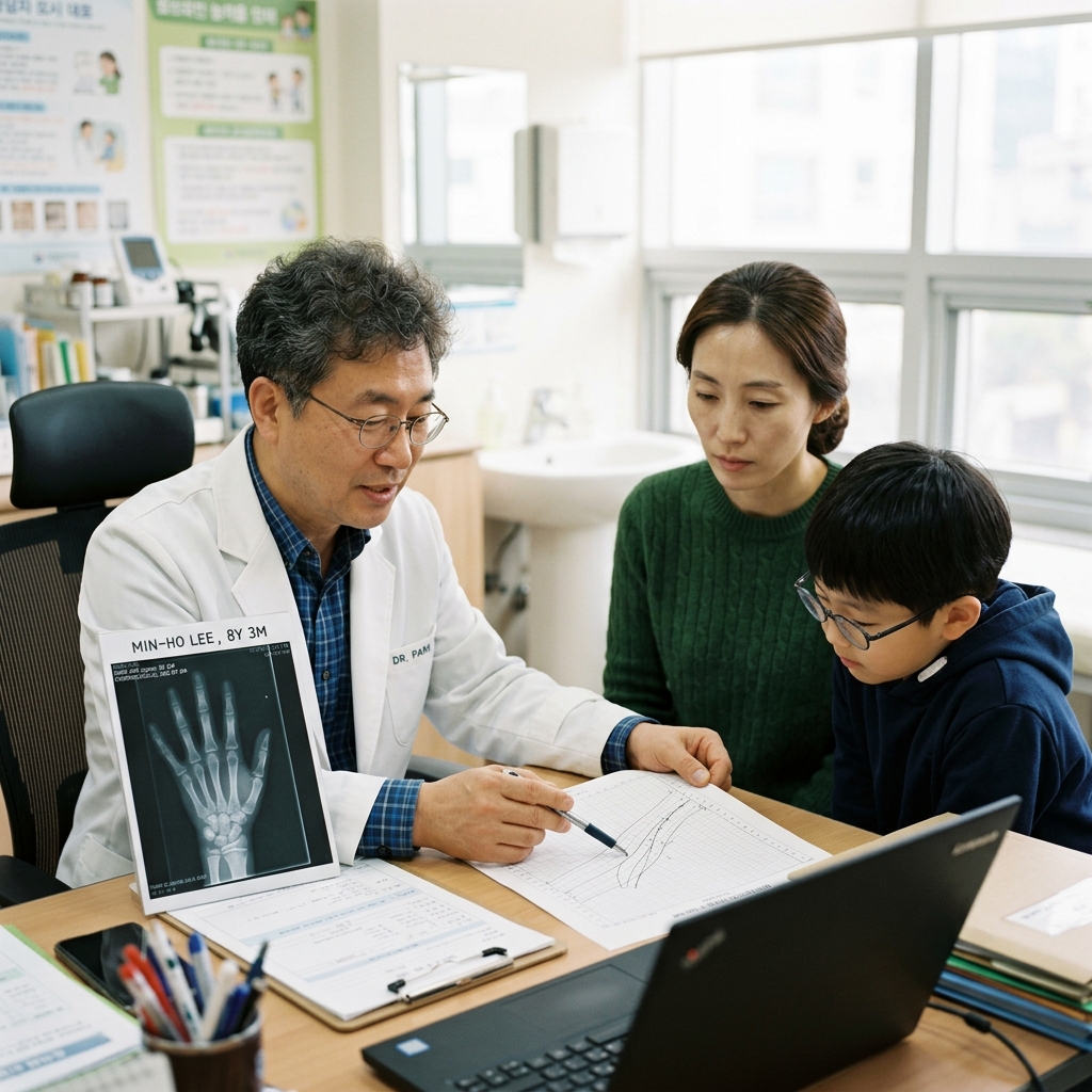 성장곡선 차트와 뼈 나이 엑스레이 사진을 함께 보며 설명하는 의료진과 보호자, 진료실 책상 위