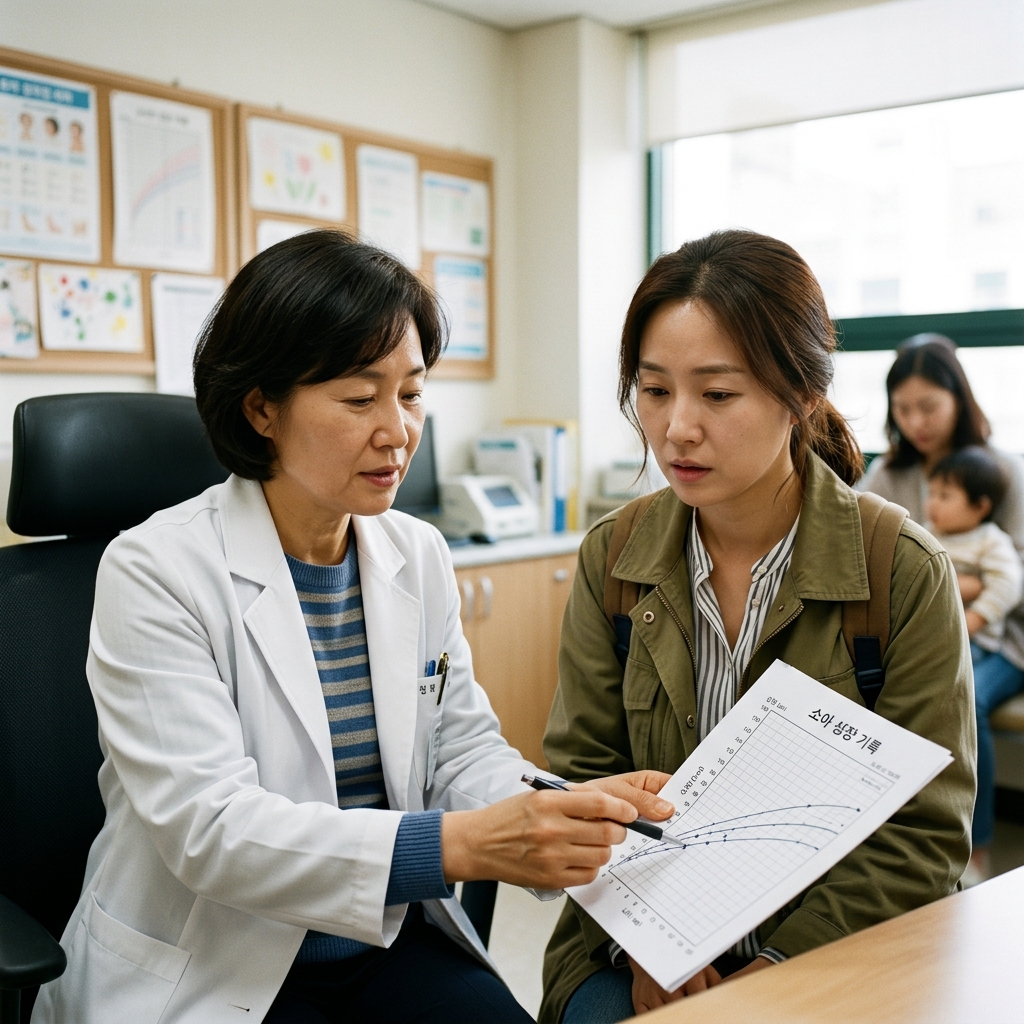 진료실에서 의사가 성장곡선 그래프를 보호자에게 설명하는 장면, 차분한 분위기, 자연광