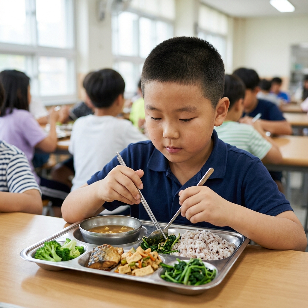초록색 채소와 단백질 반찬이 담긴 식판 앞에 앉은 아이