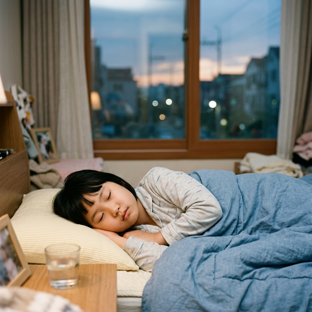 침대에 누워 편안하게 잠든 초등학생 아이의 모습, 창밖으로 저녁 어스름이 보임