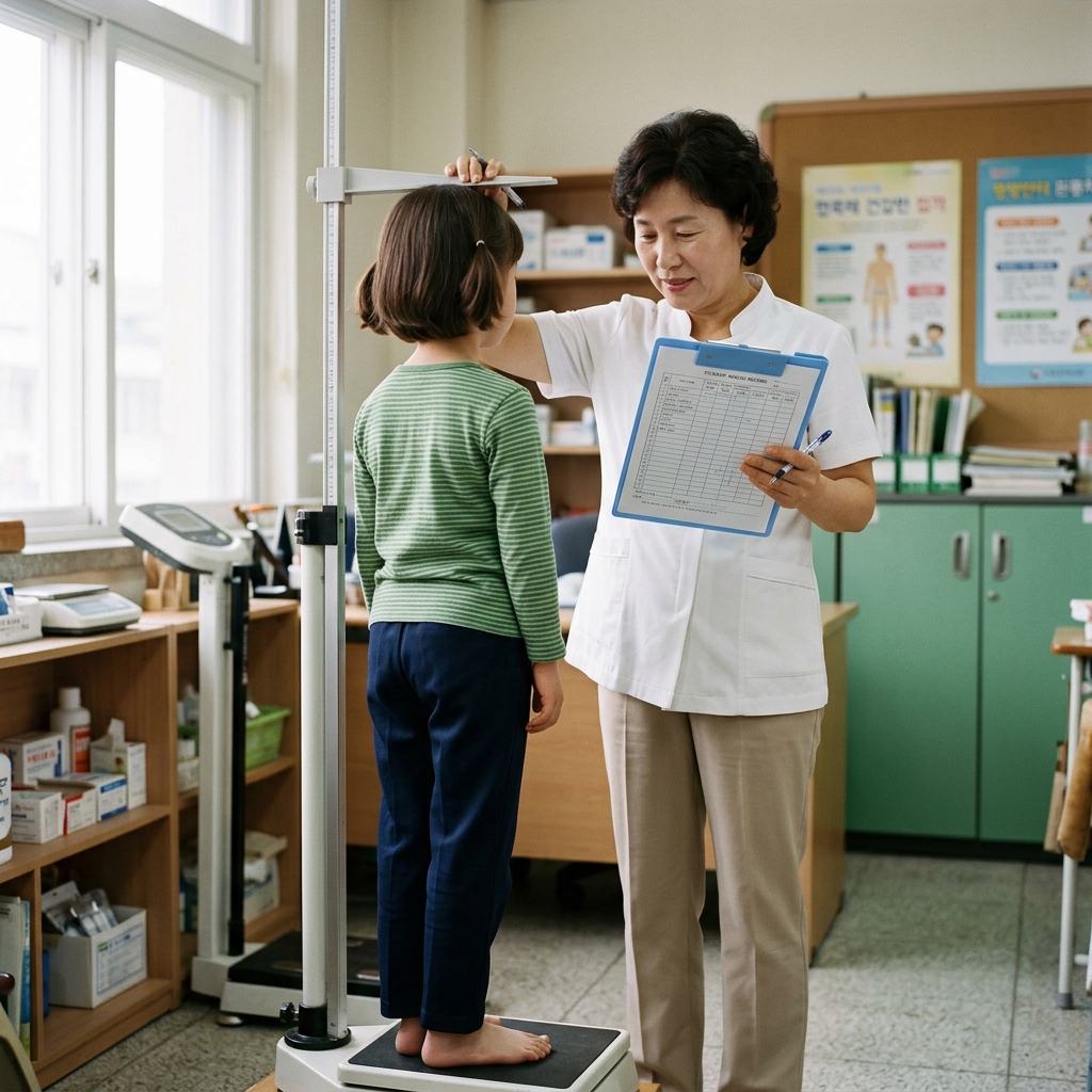 초등학생 여아가 학교 보건실에서 신장 측정을 받고 있고, 보건교사가 기록지를 들고 있는 장면