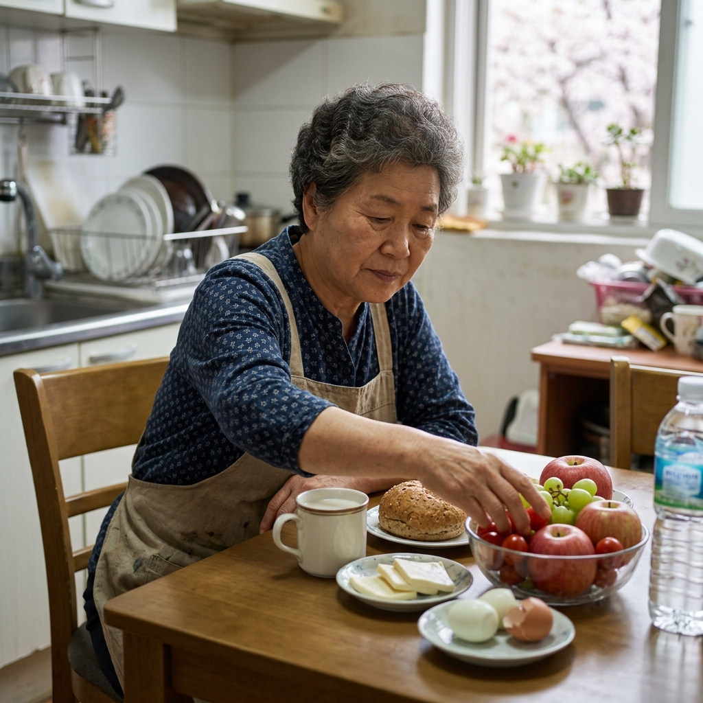 식탁 위에 놓인 과일, 우유, 치즈, 삶은 계란 같은 영양 간식들