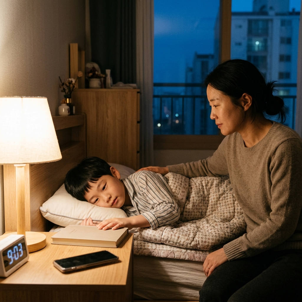 밤 9시경 침실에서 책을 덮고 잠들 준비를 하는 초등학생 아이와 곁에서 지켜보는 부모, 창밖은 어두운 저녁, 침대 옆 스마트폰은 꺼져 있고 조용하고 따뜻한 분위기