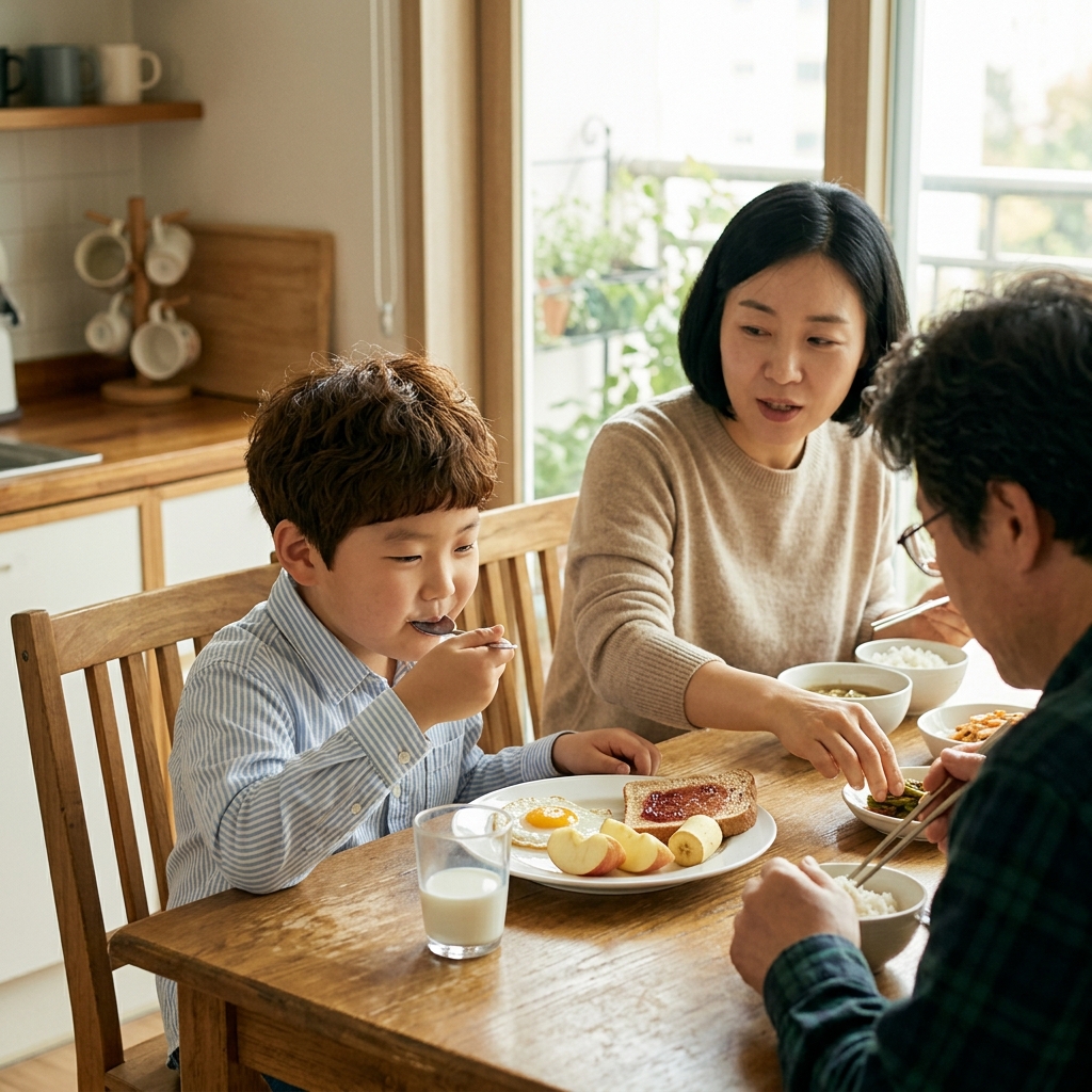 아침 식탁에서 계란, 우유, 과일이 담긴 접시 앞에 앉아 식사하는 초등학생 아이, 창밖으로 아침 햇살이 들어오고 부모가 옆에서 함께 먹고 있는 따뜻한 가정 분위기