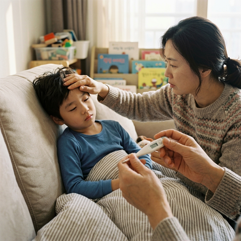 소파에 기대어 피곤해 보이는 아이와 체온계를 확인하는 부모의 손