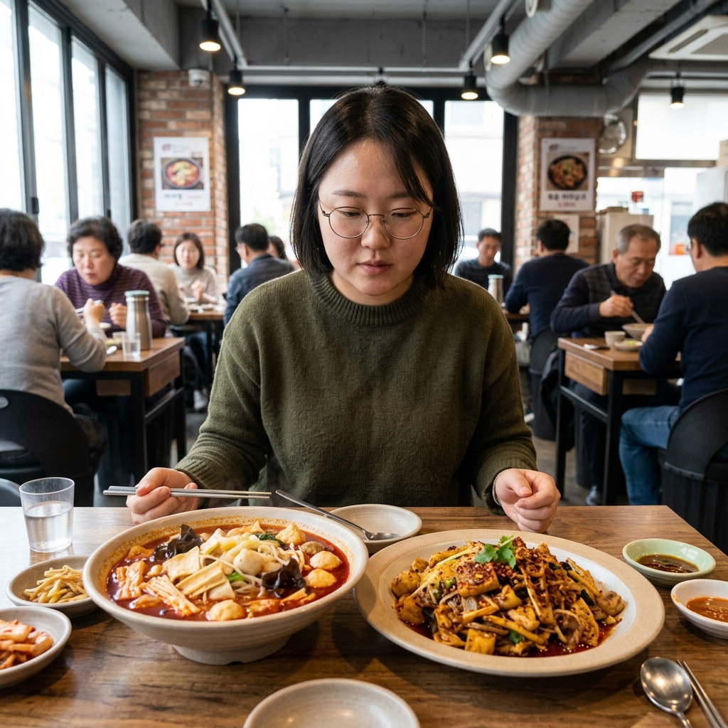 빨간 국물의 마라탕과 볶음 마라샹궈가 각각 담긴 두 개의 접시를 비교하는 식탁 장면